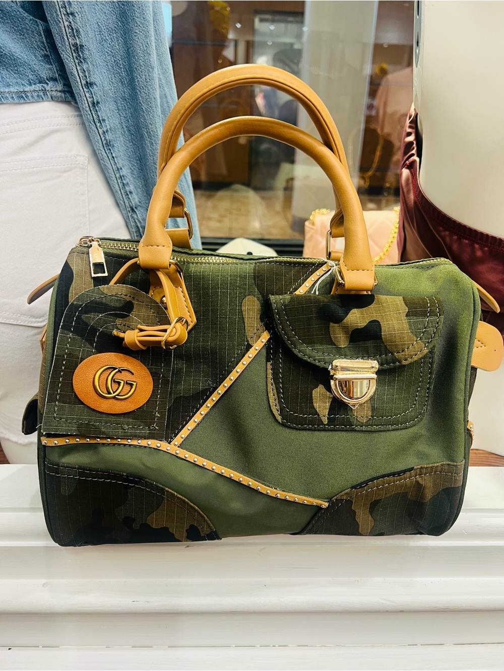 Camouflage Canvas Satchel with Tan Leather Handles
